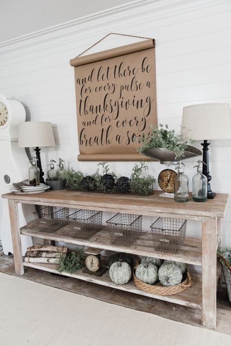 DIY Farmhouse Dining Room buffet - Could be a great TV console, sofa table, entryway table, kitchen island, & so much more! Great tutorial and farmhouse style decor inspiration! Farmhouse Dining Room Buffet, Rustic Farmhouse Entryway, Dining Room Console, Rustic Entryway, Dining Room Buffet, Farmhouse Interior, Farmhouse Dining Room, Farmhouse Fall, Farmhouse Style Decorating