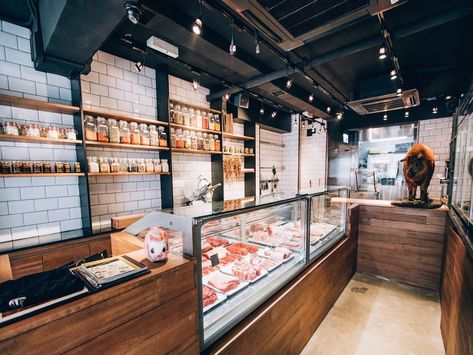 (shelves on tile) Bones & Blades, Hong Kong Butcher Store, Local Butcher Shop, Meat Store, Meat Shop, Meat Markets, Industrial Factory, Factory Farming, Cheese Shop, Butcher Shop