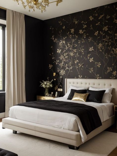 Create a stunning focal point in your bedroom with a black floral accent wall. Pair it with a sleek wooden bed frame and gold accents for a luxurious and glamorous touch. Black And Gold Accent Wall, Gold Accent Wall Bedroom, Accent Wall Bedroom Ideas, Wall Bedroom Ideas, Floral Accent Wall, Gold Accent Wall, Wooden Bed Frame, Accent Wall Bedroom, Wall Bedroom