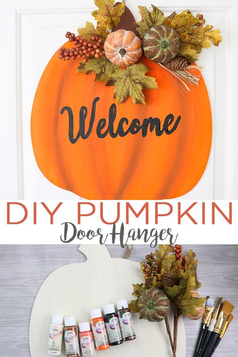 Diy Fall Door Hangers Simple, Pumpkin Door Hanger Diy, Homemaking Skills, Halloween Wood Signs, Hanger Crafts, Door Hangers Diy, Pumpkin Door Hanger, Fall Stuff, Pumpkin Door