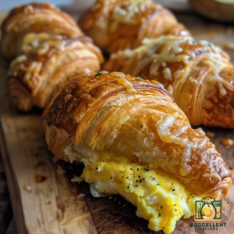 Egg and Cheese Croissants: A Breakfast Delight Breakfast Croissant Recipes, Breakfast Ideas With Croissants, Croissant Breakfast Pie, Breakfast Croissant Sandwich, Anime Cafe, Eggs In Oven, Croissant Breakfast Sandwich, Breakfast Croissant, Breakfast Pie