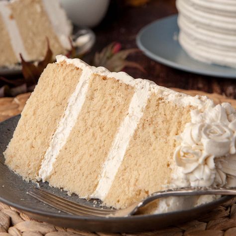 slice of brown butter cake with vanilla bean buttercream on a black plate Brown Butter Cake, Vegan Vanilla Cake, Vanilla Bean Frosting, Cake Pan Sizes, Vanilla Bean Buttercream, Sugar Geek, Vanilla Bean Cakes, Cakes Frosting, Tall Cakes