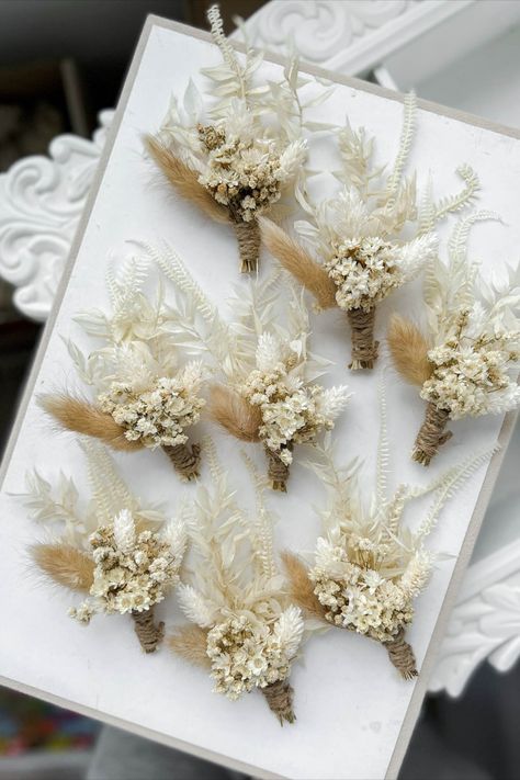 Pampas Grass Wedding Ceremony, Grass Wedding Ceremony, Boho Pampas Grass Wedding, Dried Boutonniere, Dried Flower Boutonniere, Pampas Grass Wedding, Boho Wedding Theme, Groomsmen Accessories, Flower Boutonniere