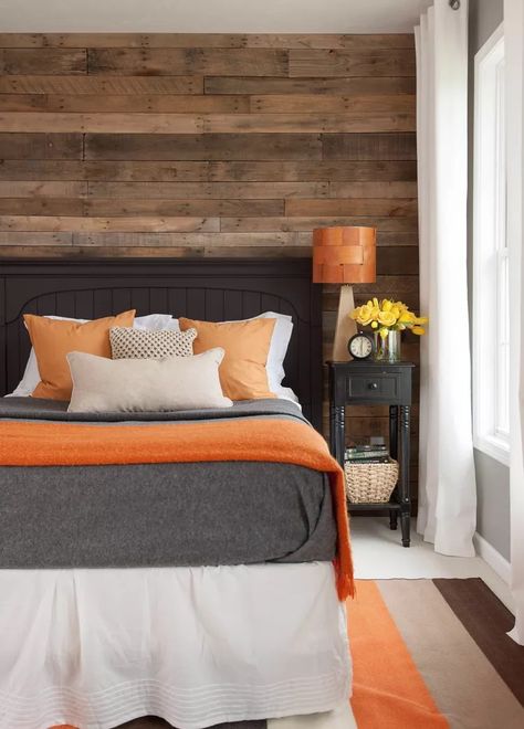 Color Pillows, Feature Wall Bedroom, Floor Boards, Pulte Homes, Bedroom Orange, Rug Wall, Grey Bedroom, Room Deco, Wood Accent