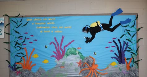 School Bulletin Boards: Underwater Tropical Ocean Scuba Diver School Bulletin Board Sea Bulletin Board, Ocean Bulletin Board, Ocean Theme Preschool, Art Bulletin Boards, Under The Sea Decorations, Summer Bulletin Boards, Ocean Theme Classroom, Library Themes, Underwater Theme