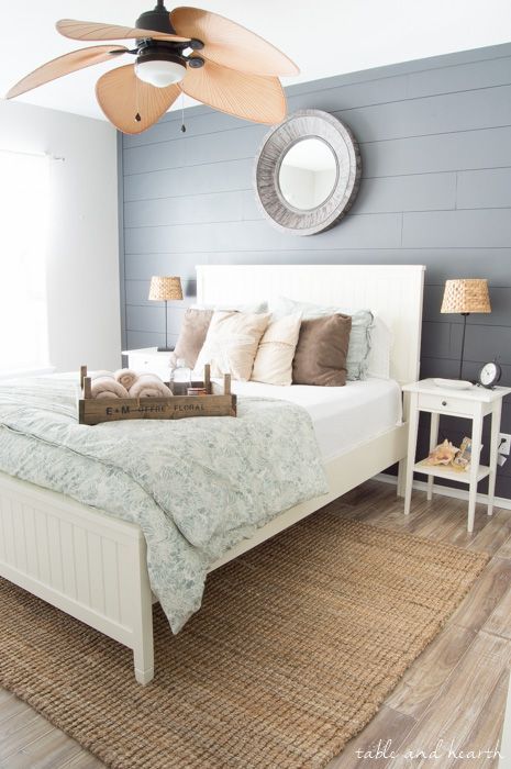 shiplap bedroom statement wall leedy interiors interior design tinton falls new jersey Modern Coastal Bedroom Ideas, Shiplap Bedroom, Modern Coastal Bedroom, Beautiful Bedrooms Master, Bedroom Trends, Casa Country, Casa Vintage, Coastal Bedrooms, Accent Wall Bedroom