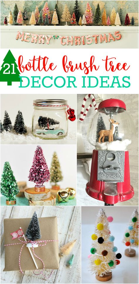 21 bottle brush tree ideas! SO CUTE!! Lots of fun and easy ways to incorporate all those little trees into your Christmas decor! Brush Trees, Bottle Brush Tree Decor, Brush Tree, Brush Tree Decor, Tree Decorating, Tree Decor Ideas, Bottle Brush Christmas Trees, Goose Creek, Bottle Brush Tree