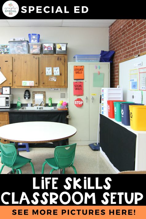 I know how hard it is to figure out how to set up your classroom, so I'm sharing my special education classroom set-up with you today! See how I organize independent work stations, play area, life skills word wall, student work spaces and more! #specialeducation #specialedclassroom Functional Skills Classroom, Life Skills Room Setup, Elementary School Life Skills, Vocational Classroom Setup, Elementary Life Skills Classroom Setup, Life Skills Stations, Life Skills Middle School, Special Education Classroom Setup High School, High School Special Education Classroom Decorations