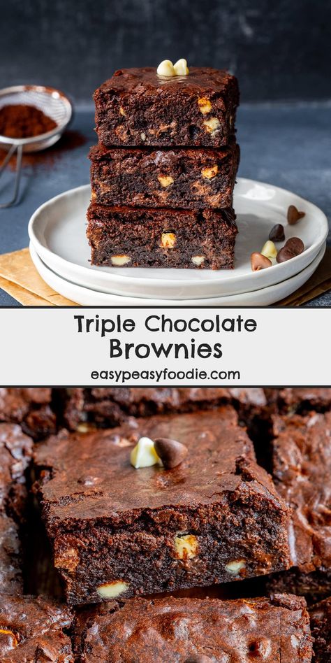 How do you make brownies better? Add chocolate chips! These Triple Chocolate Brownies include dark chocolate chips, milk chocolate chips AND white chocolate chips. WARNING: they are somewhat irresistible! #brownies #triplechocolate #chocolatechips #chocolatechipbrownies #easybrownies #quickbrownies #triplechocolatebrownies #vegetarian #easyentertaining #easypeasyfoodie #cookblogshare Triple Chocolate Brownies, Cocoa Powder Brownies, Uk Food, Recipe Community, Pudding Cake, Food Heaven, Triple Chocolate, Milk Chocolate Chips, Dark Chocolate Chips