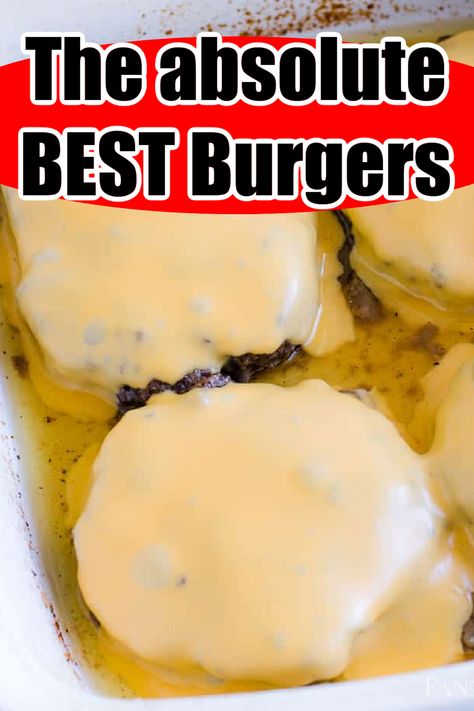 cheeseburgers in baking dish Hamburgers Over Onions In The Oven, Hamburgers In The Oven With Onions, Best Oven Burger Recipe, Burgers In The Oven Easy Recipes, Cheeseburgers Recipes Burgers, Diy Whopper Burger, Water Burger Recipe, Mcdonald’s Cheeseburger Recipe, Oven Baked Cheeseburgers