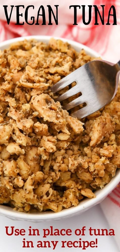 Use this vegan tuna recipe to swap out for tuna in any recipe! Flaky, meaty, vegan protein seasoned to taste like real tuna with an unbeatable taste and texture! This mock tuna can be used in vegan tuna sandwiches, tuna casserole, creamed tuna on toast, tuna pinwheels, or any other recipe that uses a canned tuna. Vegan Tuna Recipe, Tvp Recipes, Tuna Cans, Vegan Tuna, Vegan Meat Recipe, Vegan Jerky, Vegan Seafood, Tuna Recipe, Cooking Substitutions