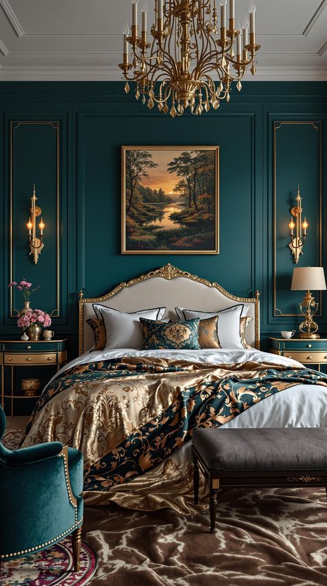 Dark Teal Bedroom Duck Egg Blue And Gold Bedroom, Aqua And Gold Bedroom, Moody Teal Bedroom, Teal And Copper Bedroom, Dark Teal Walls, Champagne Bedroom Ideas, Teal And Gold Bedroom, Dark Teal Bedroom Ideas, Dark Teal Bedroom