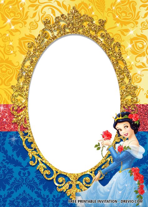 Awesome FREE Princess Snow White Invitation Templates #free #freeinvitation2019 #birthday #disney #invitations #invitationtemplates Fairest One Of All Birthday, Putri Aurora, Snow White Invitations, Princess Frame, Mermaid Baby Shower Invitations, Birthday Background Design, Disney Frames, Snow White Birthday Party, Snow White Birthday