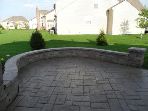 stamped concrete patio with sitting wall Stamped Concrete Patio With Seating Wall, Stamped Patio, Sitting Wall, Concrete Patio Ideas, Seating Wall, Diy Patio Ideas, Diy Concrete Patio, Backyard Retaining Walls, Brick Patio