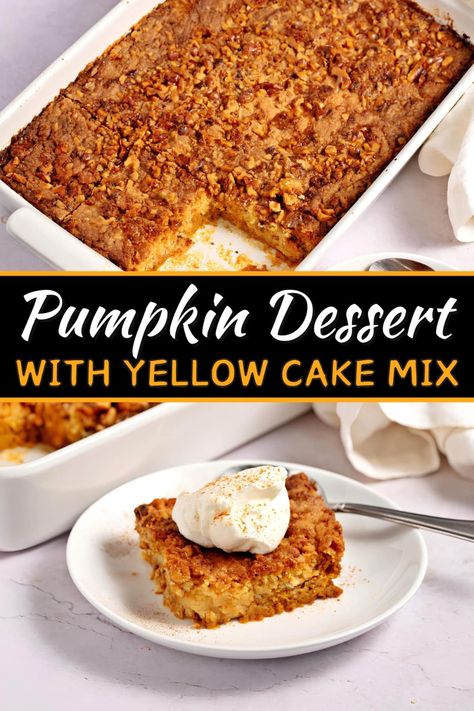 Indulge in the flavors of fall with a slice of this pumpkin dessert with yellow cake mix. It may not have an exciting name, but it's insanely good! Pumpkin Dump Cake Recipe Yellow Cake, Pumpkin Dessert With Yellow Cake, Yellow Cake Mix And Pumpkin, Yellow Cake Mix Pumpkin, Pumpkin Pie Cake Recipe, Yellow Cake Mix Desserts, Pumpkins Recipes, Baking With Pumpkin, Cake Mix Pumpkin