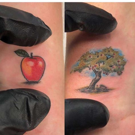 small-apple-tree-mother-daughter-tattoo-onceinabluemoontattoo Mother And Daughter Animal Tattoos, Apple And Tree Matching Tattoo, Symbols For Mother And Daughter, Apple And Tree Mother Daughter Tattoo, Oldest Daughter Tattoo, Funny Mother Daughter Tattoos, Mother Daughter Tattoos Unique Small Meaningful, Betty Tattoo, Mother Daughter Tattoos For 3