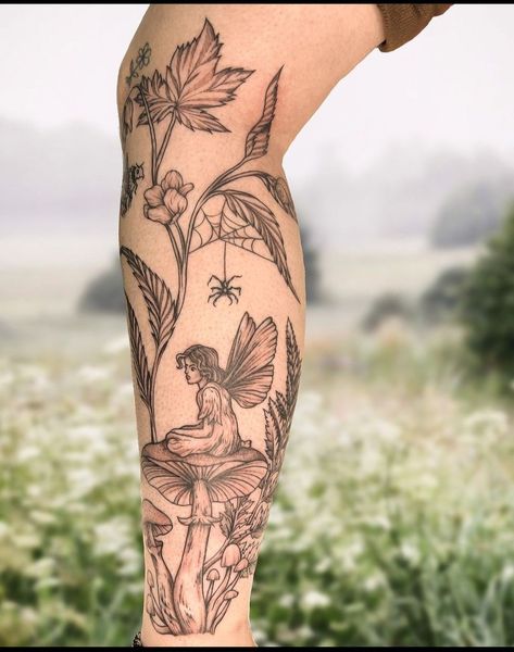 Foliage Leg Sleeve Tattoo, Woodland Leg Tattoo, Mystical Garden Tattoo, Whimsical Leg Sleeve, Garden Tattoo Thigh, Forest Mushroom Tattoo, Moss Tattoo Nature, Meaningful Nature Tattoos, Hippie Leg Tattoo