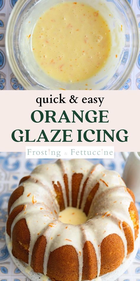 Orange icing is the perfect glaze to top bundt cakes or dip donuts into! This orange glaze recipe is made with fresh orange juice and orange zest for a bright and zesty flavor. It can be made in one bowl in just 2 minutes! Orange Juice Pound Cake, Orange Glaze Icing, Orange Cake Icing, Orange Glaze Cake, Donut Glaze Recipes, Glazed Icing Recipe, Bunt Cake Recipe, Orange Juice Cake, Orange Bundt Cake