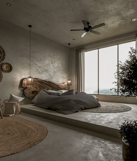 Microcement Bedroom, Wabi Sabi Style Bedroom, Microcement Floor, Cement Interior, Micro Cement, Japandi Interiors, Wabi Sabi Style, Style Bedroom, Bedroom Interior Design