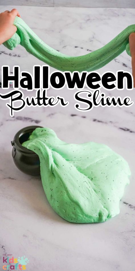 Enjoy making and playing with this no-borax Super Fluffy Halloween Butter Slime—safe and spooky for everyone! Slime Recipe Halloween, Green Slime Recipe, Diy Halloween Slime, No Borax Slime, Halloween Slime Recipe, Butter Slime Recipe, Halloween Experiments, Slime Recipe Kids, Borax Slime Recipe