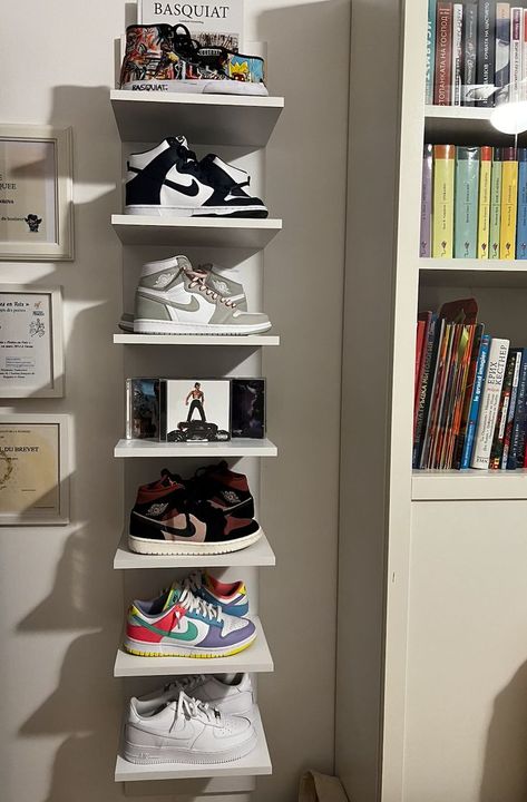 Sneakers Wall, Sneaker Wall, Shoe Wall, White Room Decor, Sneakers Collection, Future Apartment Decor, Room Shelves, Decorating Shelves, Closet Inspiration