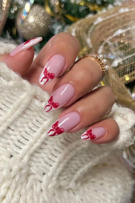 Christmas Nails 2023 Pink Ribbon Nails, Christmas Nail Inspo, Winter Nail Art Designs, Christmas Nail Art Ideas, Red Christmas Nails, Spring Nail Designs, Long Nail Designs, Christmas Nails Easy, Cute Christmas Nails