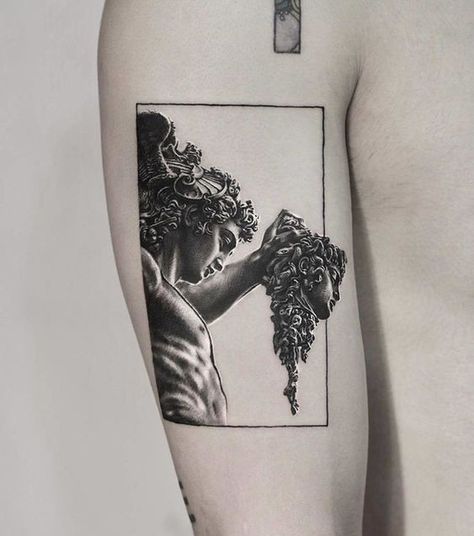 Ridiculously beautiful shading on a Renaissance statue tattoo | www.otziapp.com Sculpture Tattoo, Justice Tattoo, Bodysuit Tattoos, Tatuagem Masculina Pequena, Libra Tattoo, Kunst Tattoos, Statue Tattoo, Greek Mythology Tattoos, Inspiration Tattoos