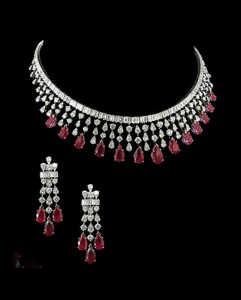 events Ruby Diamond Necklace, Real Diamond Necklace, Diamonds And Pearls, Silver Diamond Necklace, Diamond Necklace Designs, Red Stones, Bridal Diamond Jewellery, Diamond Necklace Set, Diamond Jewelry Necklace