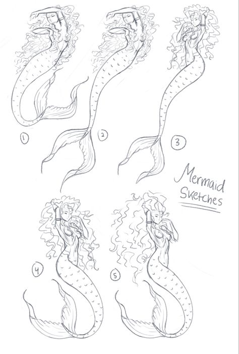 Five different mermaid styles and poses How To Draw Mermaid, How To Draw A Mermaid Step By Step Easy, Mermaid Doodle Easy, Mermaid Line Drawing Simple, Sitting Mermaid Drawing, Old Mermaid Drawing, Mermaid Sketch, How To Draw Braids, Mermaid Drawings