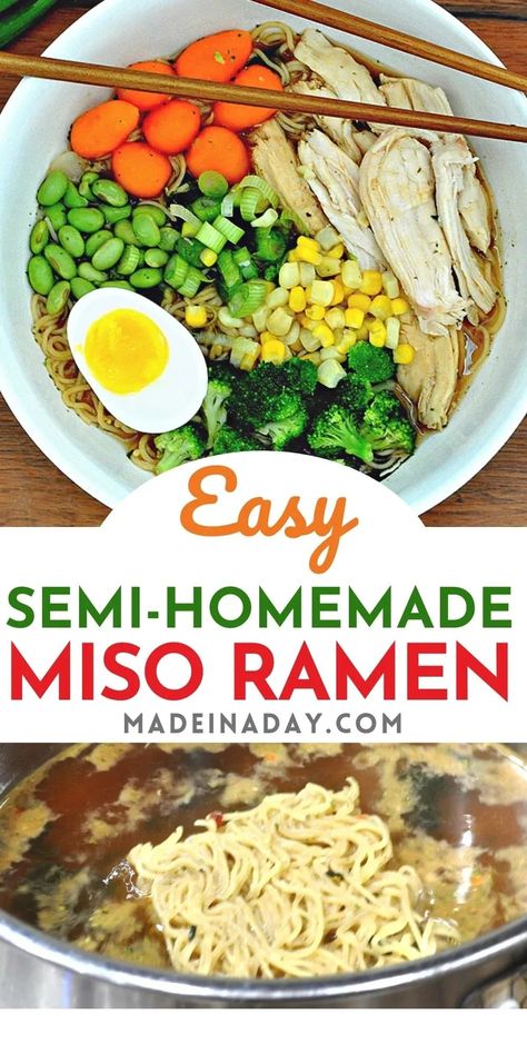 Semi-homemade miso ramen made with premade ingredients. Frozen veggies and tasty ramen noodle mix! This is one weeknight dinner the whole family will love! homemade miso ramen, chicken miso ramen, miso ramen at home Chicken Miso Ramen, Easy Homemade Ramen, Ramen At Home, Homemade Miso, Ramen Dinner, Popular Cocktail Recipes, Miso Ramen, Homemade Ramen, Instant Ramen