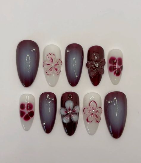 Wine Inspired Nails, Japan Nail Art Designs, Japan Nails Design Simple, Red Nails Korean, Red Flowers Nails, Red And Purple Nails, Nail Maroon, Texture Nails, Japan Nails