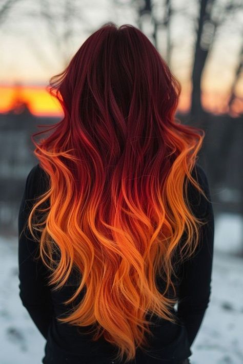 Flame Colored Hair, Colorful Red Hair, Winter Hair Color Ideas For Red Heads, Vibrant Red Hair Color Ideas, Red Hair Tips Dip Dyed, Red Vibrant Hair, Orangey Red Hair, Long Red Hair Aesthetic, Peekaboo Hair Color Red