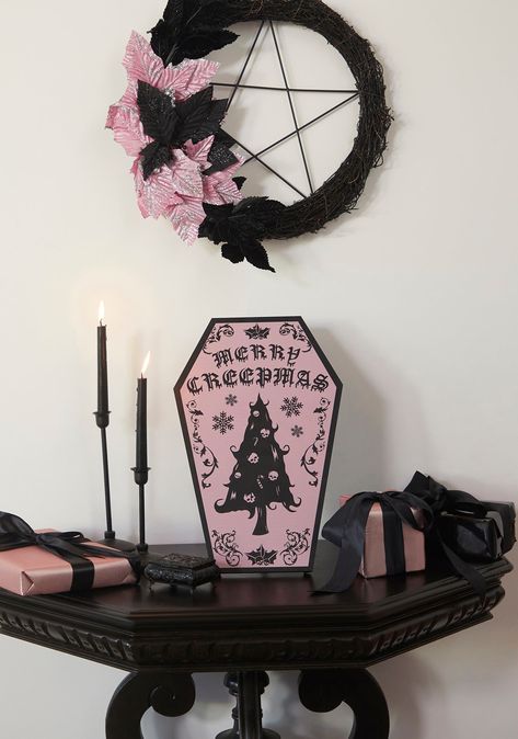 cuz celebrate it your way. This sign has a coffin shape, “Merry Creepmas” sign on the top with skull and holiday signs, and a backing board. Gothic Christmas Decor Ideas, Pastel Goth Apartment, Black And Pink Christmas Decor, Pink Goth Decor, Gothic Christmas Decor, Pink And Black Christmas Decor, Goth Christmas Decorations, Creepmas Decorations, Goth Christmas Aesthetic