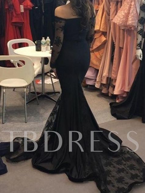 Off the Shoulder Lace Long Sleeves Evening Dress 2019 Black Prom Dress Mermaid, Dauntless Clothes, Black Long Sleeve Prom Dress, Sleeved Gown, Train Fabric, Black Mermaid Prom Dress, Prom Dress Mermaid, Sweep Train Prom Dress, Modern Wear