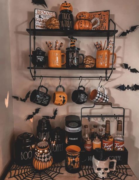 Coffee Bar Halloween, Modern Goth Home Decor, Halloween Coffee Bar Ideas, Gothic Coffee Bar, Goth Coffee Bar, Spooky Coffee Bar, Halloween Coffee Bar, Goth Kitchen, Spooky Kitchen