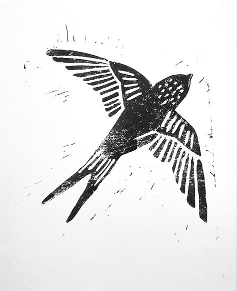 Linocut Prints Birds, Linoprint Tattoo, Folk Linocut, Lino Print Tattoo, Swallow Linocut, Lino Print Ideas Simple, Lino Art Ideas, Linocut Prints Ideas Simple, Linocut Prints Simple