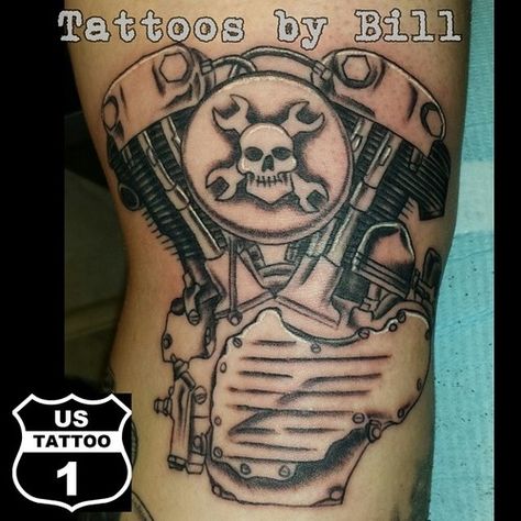 Mike came in and got his knuckle head motor from Bill to add to his hot rod sleeve. #us1tattoo #elkridge #mdtattooshop #hocomd #dmvtattooartist #tattooartistsofmaryland #knuckle #knucklehead #knuckleheadtattoo #blackandgreytattoo Knuckle Head, Black And Grey Tattoos, Hot Rod, Hot Rods, Skull Tattoo, Tattoo Artists, Portrait Tattoo, My Style, Tattoos