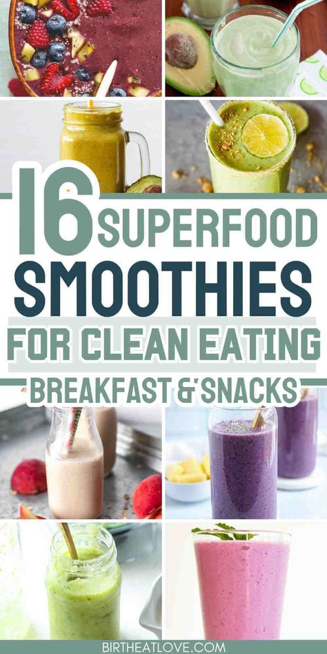 Blend up some unique superfood smoothie recipes for Summer. These healthy smoothies are loaded with super foods like chia, hemp seeds, acai, coconut and even tofu. Try these superfood smoothies for nutritious and delicious breakfasts or snacks. Great healthy drinks for clean eating diet. Shakeology Smoothie Recipes, Clean Eating Smoothie Recipes, Whole Food Smoothies, Healthiest Smoothie Recipes, Clean Smoothie Recipes, Super Food Smoothies, Meal Smoothies, Wellness Smoothie, Smoothie Superfood