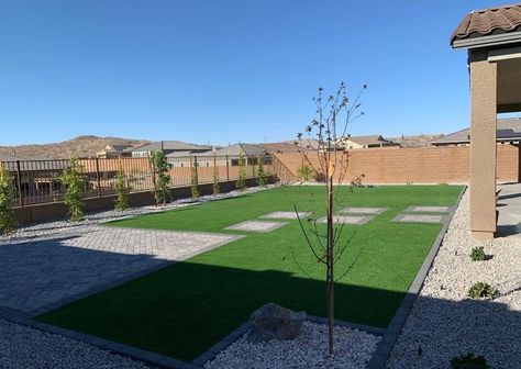 Pavers artificial grass turf Arizona Rectangle Backyard Ideas, Purple Plum Tree, Arizona Backyard Ideas, Artificial Turf Backyard, Backyard Arizona, Arizona Backyard Landscaping, Desert Landscaping Backyard, Hedge Trees, Turf Backyard