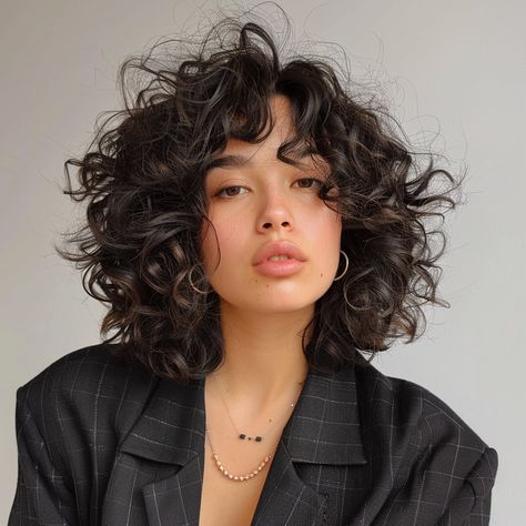 The Shoulder-Grazing Shag Bob Curly Haircut Medium Length, Shaggy Short Hair Curly, Curly Shag Bob, Shag Haircut Curly Hair, Haircuts Thick Curly Hair, Short Layered Curly Haircuts, Face Framing Bangs Curly Hair, Curly Hair Bun Styles, Curly Hair Bob Haircut