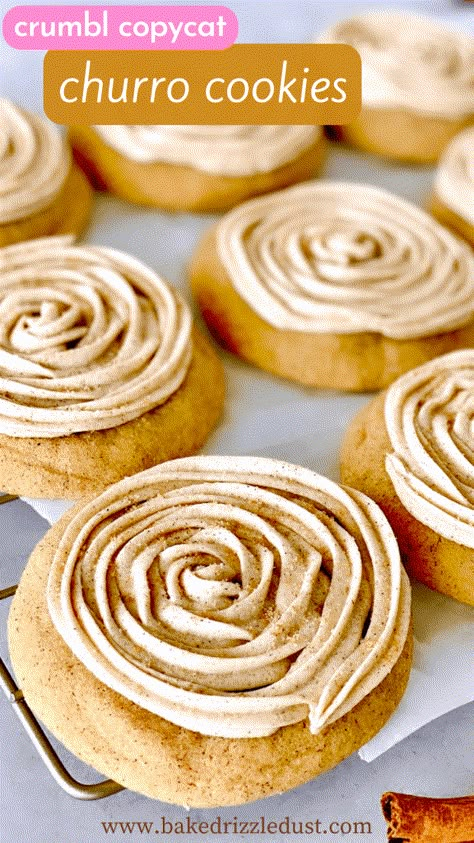 Copycat Crumbl Churro Cookies! They are a soft, tender, and chewy cookie topped with a swirl of churro inspired cinnamon-sugar buttercream. // Crumbl Cookie Copycat // Crumbl Cookies // Churro Cookies // Cinnamon Sugar Cookies // Chewy Cookies // Twisted Sugar Cookie Recipe, Churro Inspired Desserts, Sugar Cookies Chewy, Copycat Crumbl Cookies, Crumbl Cookie Copycat, Churro Cookies, Crumbl Copycat, Cookies Cinnamon, Crumble Cookie Recipe