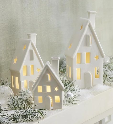 Christmas Ceramic Decorations, Christmas Ceramic Houses, January House Decor, White Ceramic Houses Christmas, January Decorating Ideas House, Christmas Decor Ideas For Living Room Cozy, White Christmas Houses, Modern Organic Christmas, Ceramic Houses Christmas