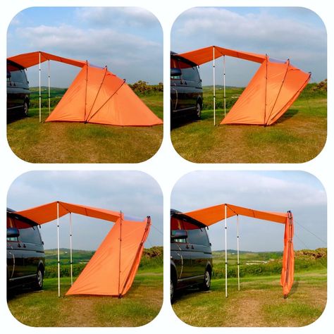 The retractable pole design provides four different rain fly configurations, managing weather protection with views as... Van Awning, Camper Awning, Campervan Awnings, Awning Roof, Tent For Camping, Stealth Camping, Car Tent Camping, Camper Awnings, Vw Ideas