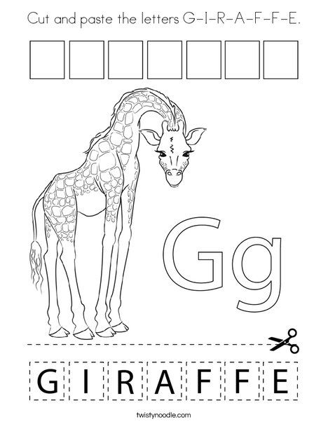 Cut and paste the letters G-I-R-A-F-F-E Coloring Page - Twisty Noodle Zebra Coloring Pages, Trace Letters, Preschool Assessment, First Day Of School Pictures, Daycare Themes, Letter Worksheets For Preschool, Abc Worksheets, African Savanna, G Words