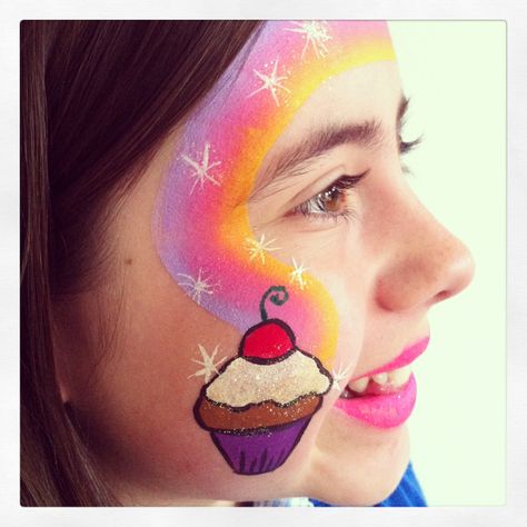 Cupcake face paint Cheek Art, Girl Face Painting, Birthday Painting, Painting Kids, Arm Art, Face Painting Easy, Kids Face Paint, Halloween Makeup Scary, Painted Rainbow