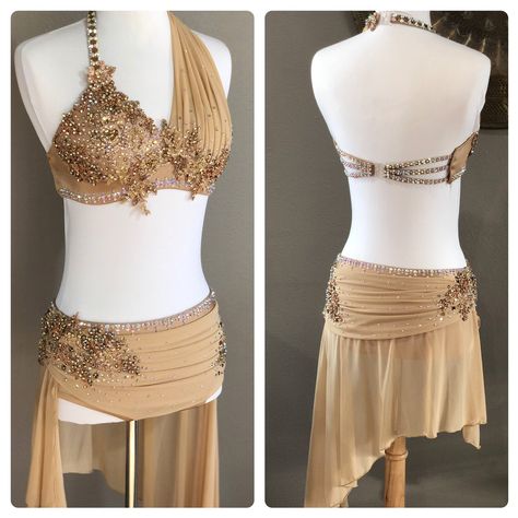 Gold Dance Costumes, Aerial Tips, Dress For Performance, Lyrical Dance Costumes Dresses, Lyrical Dance Costumes, Solo Dance Costumes, Dancing Skirt, Cute Dance Costumes, Pretty Dance Costumes