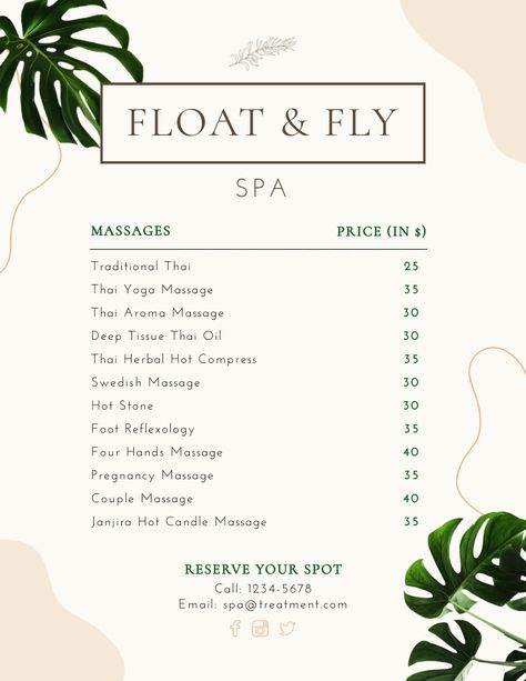 Spa Menu Template Visme Spa Advertisement, Coffee Shop Website, Massage Prices, Salon Gift Card, Spa Menu, Salon Suites Decor, Spa Prices, Event Menu, Business Card Pattern