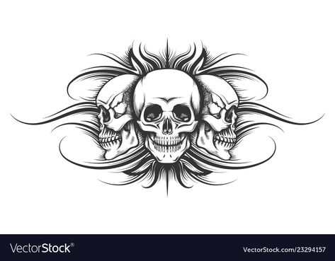 Three Skulls Tattoo, 3 Skulls Tattoo, Human Skull Drawing, Shen Long Tattoo, Evil Skull Tattoo, Skull Rose Tattoos, Skulls Tattoo, Skull Hand Tattoo, Type Tattoo