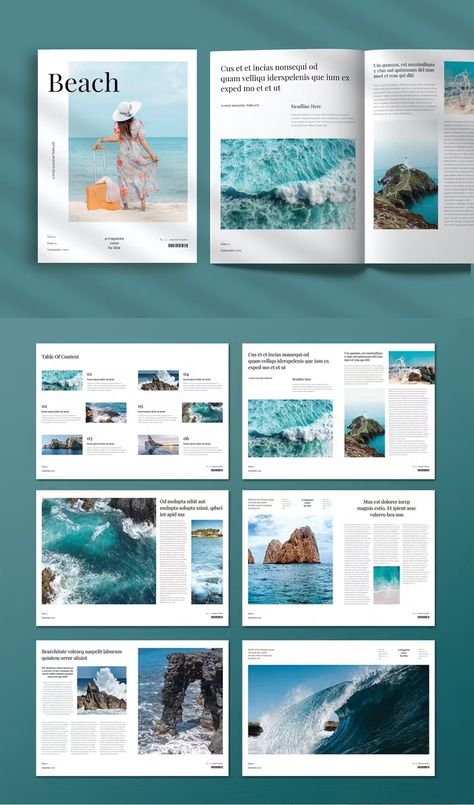 Beach Magazine Layout, Horizontal Magazine Layout, Beach Magazine Cover, Travel Booklet Design, Beach Brochure, Beach Graphic Design, Ocean Magazine, Beach Template, Travel Magazine Cover