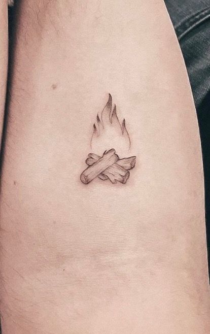 Mini Camping Tattoo, Fire Pit Tattoo Ideas, Simple Camp Fire Tattoo, Fine Line Camping Tattoo, Minimalist Fire Tattoo, Campfire Tattoo Ideas, Fireproof Tattoo, Small Campfire Tattoo, Wildfire Tattoo